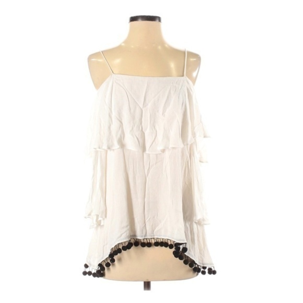 Alice + Olivia Cold Shoulder Fringe White Top